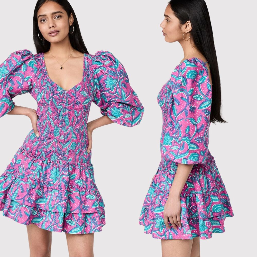 Love The Label Womens Dress Pink V Neck Floral Puff Sleeve Smocked A Line Small